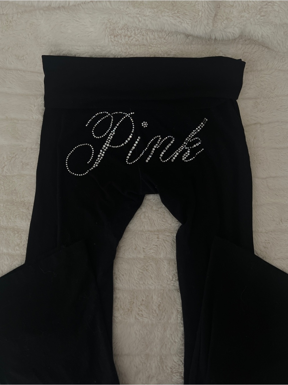 Y2K PINK Victoria's Secret Black Foldover Leggings with Rhinestones on butt